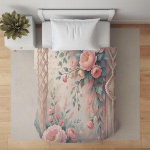 Pink Peony Macrame Blanket: Soft Floral Flannel Throw - Cottagecore Vibes