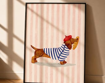 French Dachshund Watercolor Print, Parisian Dog Art, Printable Digital Download