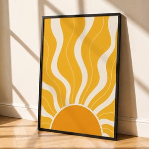 Boho Sun-print, retro Sunshine-muurkunst, geel boho-decor, afdrukbare digitale download