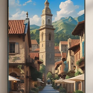 Renaissance Village Street Scene – European Architecture Wall Art | Italian Town Printable Poster | Rustic Mediterranean Street Decor