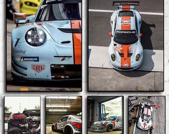 Puede incluir: Un collage de seis imágenes con diferentes coches de carreras Porsche. La primera imagen muestra un primer plano de un coche de carreras Porsche blanco y naranja con el texto "Silverbug" y "Heuer" en la parte delantera. La segunda imagen muestra un coche de carreras Porsche blanco y naranja con el texto "Gulf Racing" y "Porsche" en la parte superior. La tercera imagen muestra la parte trasera de un coche de carreras Porsche negro con dos tubos de escape. La cuarta imagen muestra un coche de carreras Porsche azul y blanco con el número "22" en el lateral. La quinta imagen muestra un coche de carreras Porsche azul y blanco con el número "22" en el lateral. La sexta imagen muestra un coche de carreras Porsche blanco y naranja con el texto "Gulf" en el lateral.