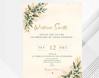 Greenery Wedding Invitation Suite Template, Printable Editable Canva RSVP Thank You, Instant Download
