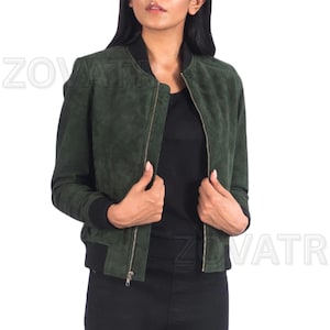 Green Suede Leather Bomber Jacket: Women&#39;s Varsity Style, Quilted Lining