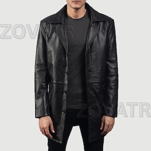 Bespoke Black Leather Trench Coat for Men | Real Cowhide Long Leather Jacket | Classic Notch Collar Winter Coat | Vintage Style Outerwear