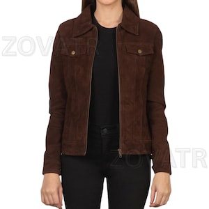 Customized Dark Brown Suede Trucker Jacket for Women – Real Leather Vintage Style Outerwear with Quilted Lining, Classic Fall Fashion Coat