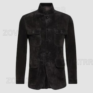 Customized Men’s Black Suede Leather Jacket with Zipper Closure and Multiple Pockets – Stylish Casual Slim Fit Suede Jacket for Men