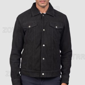 Customized Stallion Black Suede Trucker Jacket for Men – Classic Look, Zipped Pockets, Quality Material with Soft Suede and Practical Design