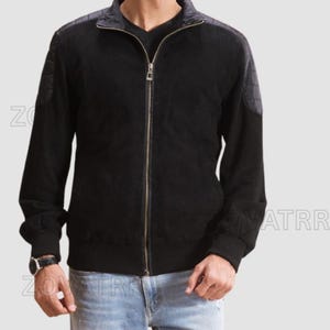 Customized Ethan Hybrid Suede Bomber Jacket for Men – Premium Suede Leather with Quilted Lining and High-Neck Collar