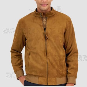 Men’s Light Brown Faux Suede Jacket with Zip Closure, Waist Pockets, & Comfortable Inner Lining – Stylish and Lightweight for Everyday Wear