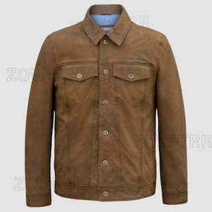 Eddie Men's Tan Suede Leather Jacket with Denim-Inspired Design, Snap Button Closure, and Multiple Pockets – Classic Lightweight Outerwear