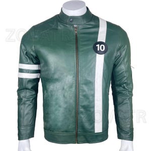 Customized Ben 10 Green Leather Jacket for Men – Vintage Café Racer Motorcycle Jacket with White Stripes & 10 Patch – Biker Fashion Outfit