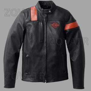 Custom Harley-Davidson Men’s Black Leather Biker Jacket with Orange Stripes – Premium Motorcycle Riding Gear, Made From Premium Leather