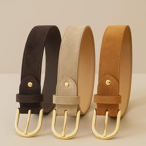 Women&#39;s Suede Leather Belt with Gold Buckle | Genuine Suede Waist Belt for Dresses & Jeans | 3 Colors | 3cm Wide | Classic Belt
