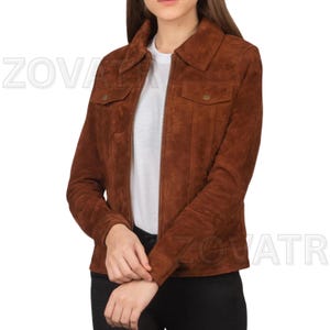 Women’s Brown Suede Trucker Jacket – Genuine Leather Outerwear with Quilted Lining | Zipper Front, Shirt Collar & Snap Cuffs | Made to order