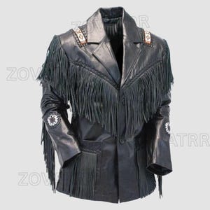Customized Black Men’s Leather Fringe Western Jacket – Cowboy Style with Notched Lapel, Zipper Closure & Silver Hardware