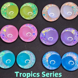 "Komplettes Set ""Tropics"" Serie handbemalte Glitzer Sicherheitsaugen für Amigurumi Häkeln, Kawaii Sinker Sicherheitsaugen, farbige Pupillen Größen 25 mm-30 mm."