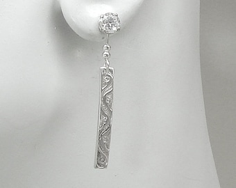 Ohrring-Jacken für Ohrstecker, Jacken für Diamanten, gerade Bar-Dangle-Ohrjacken für Ohrstecker, Sterlingsilber-Wellenmuster-Bar JDSSPATBAR40X4