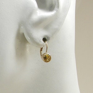 14K Gold Citrine Round Bezel Set Fixed Lever Back Drop Gemstone Earrings, Solid Gold Earrings with European Wires 14KCIT5MBZFLB