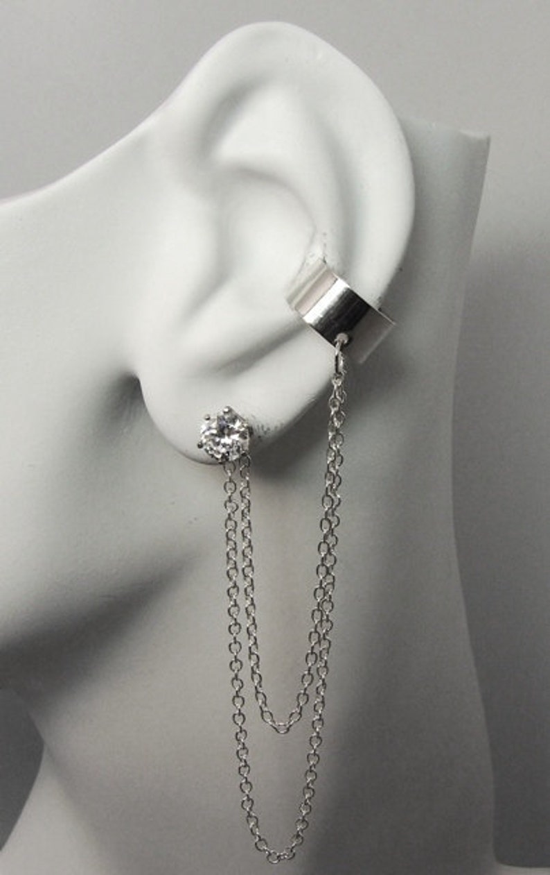 No Piercing Cuff double chain /& 5mm Cubic Zirconia EBJ2CHSS Ear Cuff Silver Ear Band Non-pierced Conch Cartilage Hoop Bajoran Earcuff