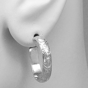 Hoop EARRINGS, Sterling Silver Post Earrings,Post Round Earrings,Handmade Floral Design Medium Hoop Earrings Medium Silver Hoops EHSSFL20D4W