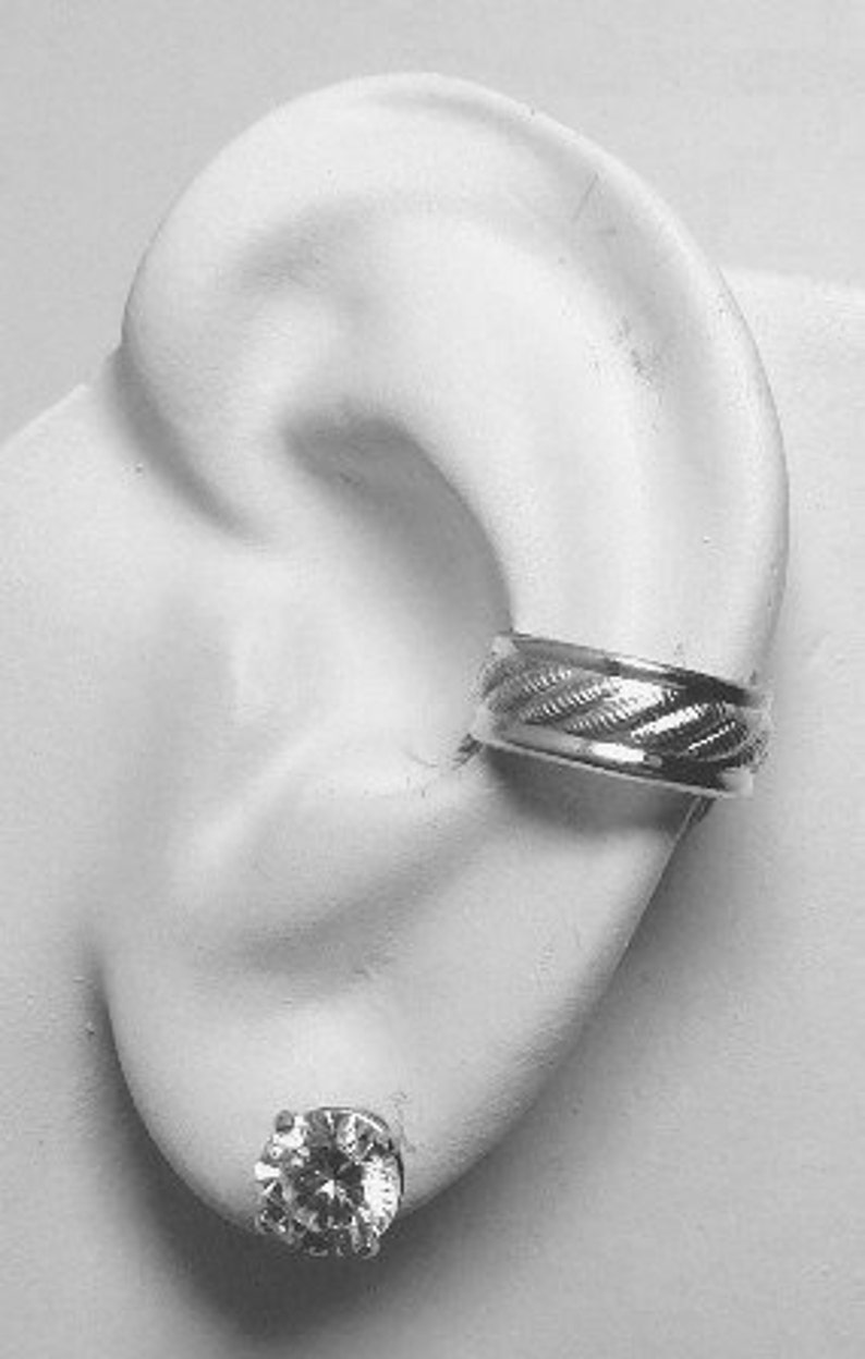 Ear Cuff Sterling Silver Ear Band Non-pierced Cartilage Wrap Earring Fake Conch No Piercing Cuff Earring Simple Ear Cuff Ribbed E114SS image 1