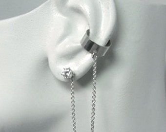 Ear Cuff Silver Non-pierced Cartilage Wrap Earring Fake Conch Cuff Earring Simple Earcuff Faux Pierced Bajoran w/chain &Cubic Zirconia EBJSS