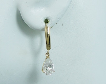 14K Solid Gold Dangle Cubic Zirconia Pear Classic Style Lever Back Drop Gemstone Earrings European Spring Back Wires  14KCZPEAR9X6LB