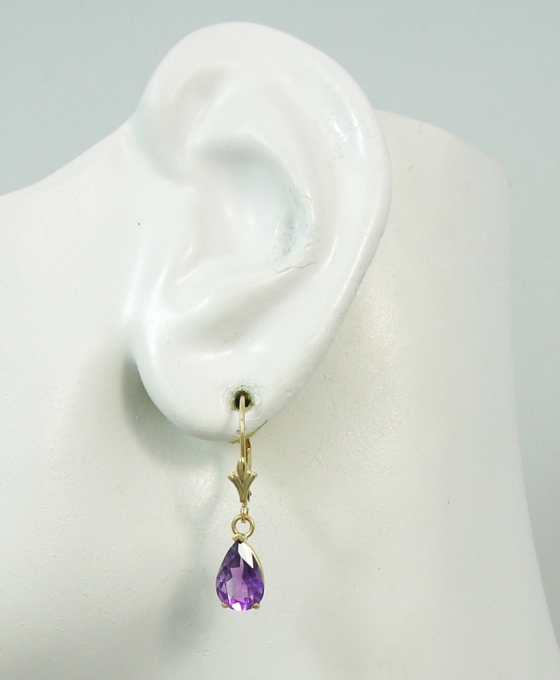 14K Gold Dangle Purple AMETHYST Pear Drop Gemstone Lavelier Lever Back Earrings Solid Gold European style ear wires 14KAMPEARLLB