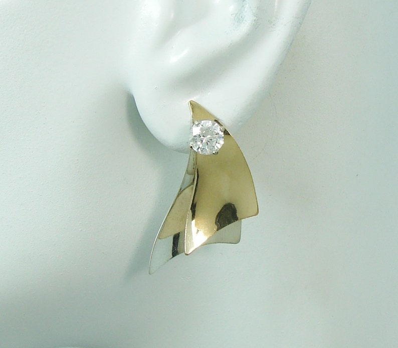 Ear Jackets JTTSAILMEDSM EARRING JACKETS Dliamond Jackets Two tone Jackets for Studs 3-D Silver and Gold Double Sails Earring Jackets
