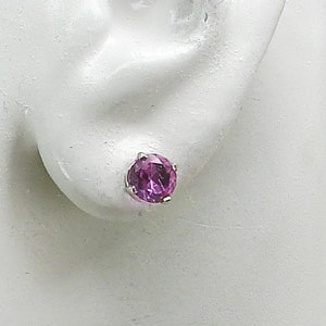 14K Solid White Gold Post Earrings, Faceted Round Pink Topaz Gemstones in Basket Setting Stud Earrings, Birthstone E14K6RDPKTW/Y