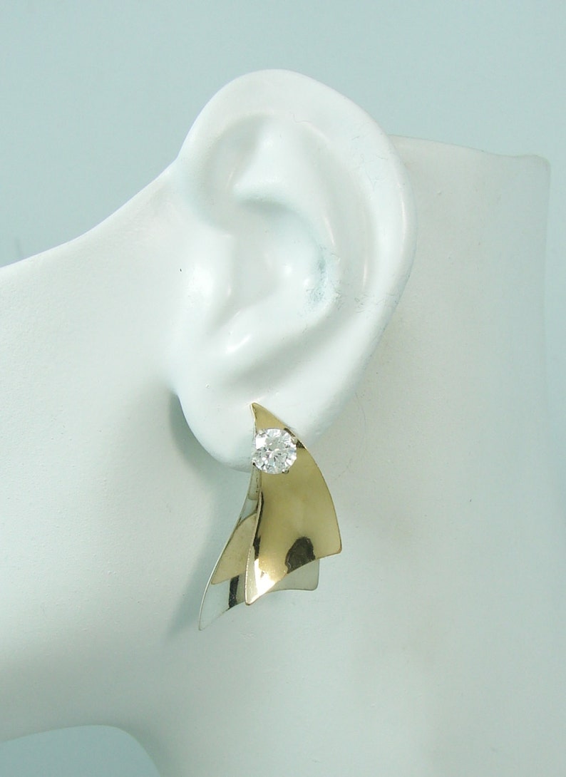 Ear Jackets JTTSAILMEDSM EARRING JACKETS Dliamond Jackets Two tone Jackets for Studs 3-D Silver and Gold Double Sails Earring Jackets