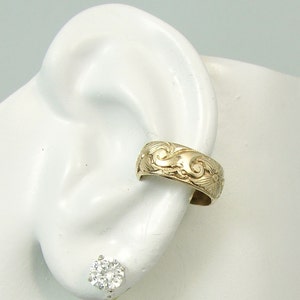 Ear Cuff, Gold Ear cuff, Non-pierced, Cartilage Wrap, Earring Fake Conch, No Piercing, Faux Pierced Wide Hoop Floral Swirl EWFLSWGF