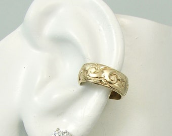 Ear Cuff, Gold Ear cuff, Non-pierced, Cartilage Wrap, Earring Fake Conch, No Piercing, Faux Pierced Wide Hoop Floral Swirl EWFLSWGF
