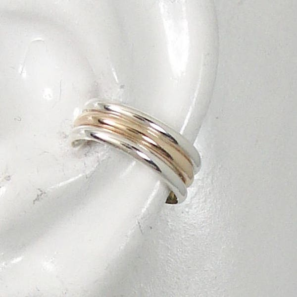 POST Conch Pierced Cartilage Earring,Two Tone Silver Gold Cuff, Gauge Piercing, Conch Hoop, Conch Ring, Triple  Half Round ETT3HRSSGFSSP