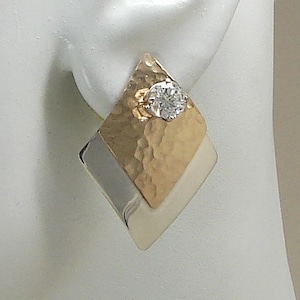 Earring Jackets for Studs, Jackets for Diamonds, Gold Hammered Diamond Shape Over Silver Smooth Diamond Shape Ear Jackets JDSSGFDDHM32X25