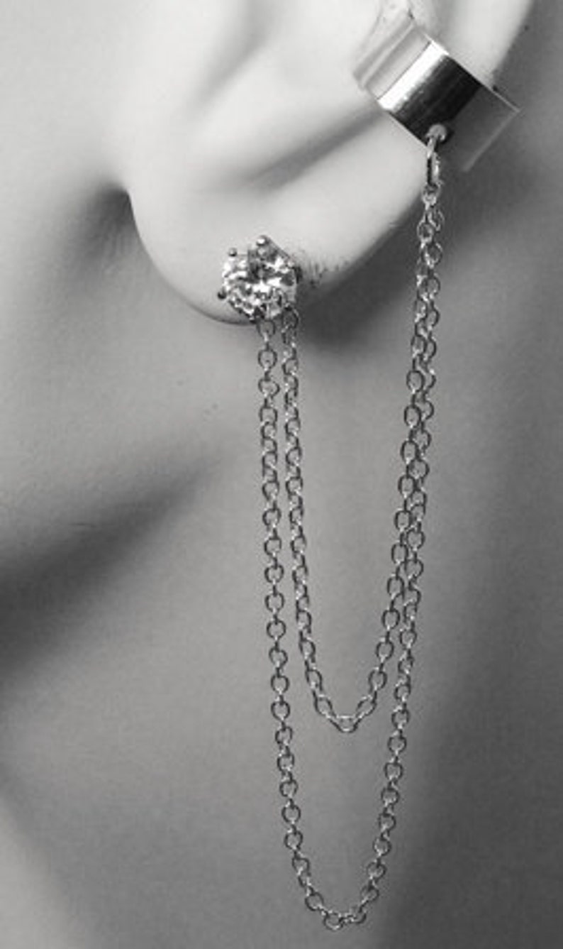 No Piercing Cuff double chain /& 5mm Cubic Zirconia EBJ2CHSS Ear Cuff Silver Ear Band Non-pierced Conch Cartilage Hoop Bajoran Earcuff