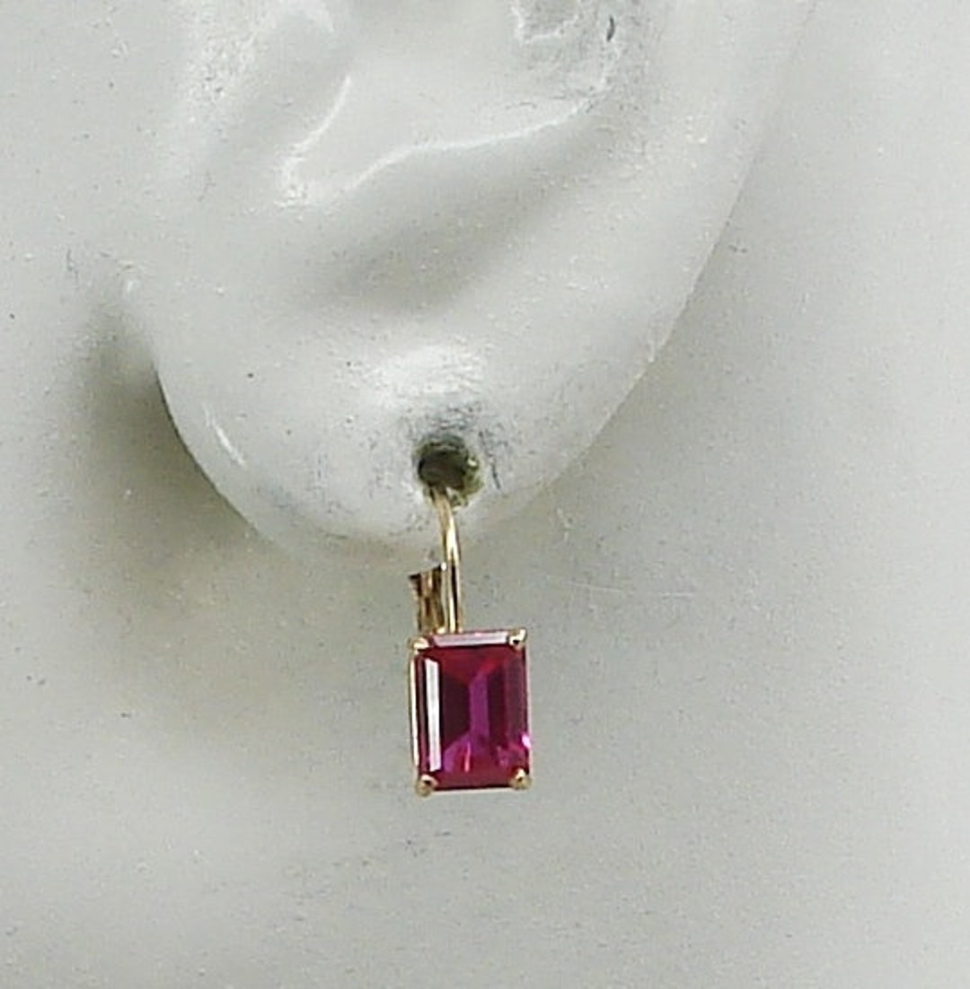 Rectangular Red Earrings Solid 14K Gold Red Spinel Rectangle Fixed Gemstone Lever Back Earrings ...