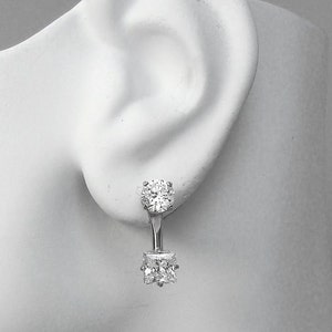 25% OFF SALE***Earring Jackets, 14k Solid White GOLD Square Dangle Cubic Zirconia Ear Jackets, Diamond Jackets, Gold Sale JD14KWBARSQCZ17X6