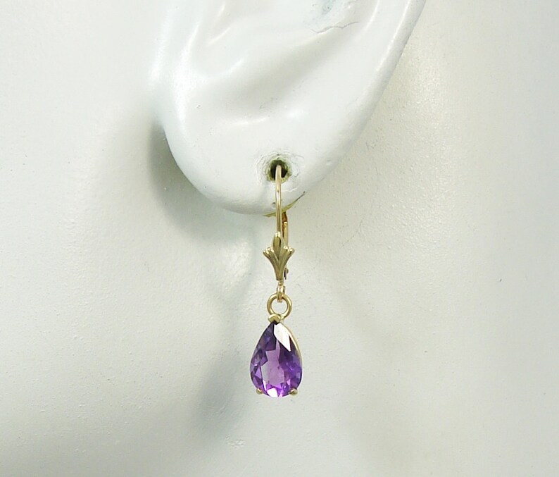 14K Gold Dangle Purple AMETHYST Pear Drop Gemstone Lavelier Lever Back Earrings Solid Gold European style ear wires 14KAMPEARLLB