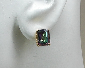 Mystic Topaz Solid 14K Gold Earrings, Large Rectangle Topaz, Green and Pink Gemstone, Solid 14K Gold Stud Post Earrings 14KMYTO10X8R