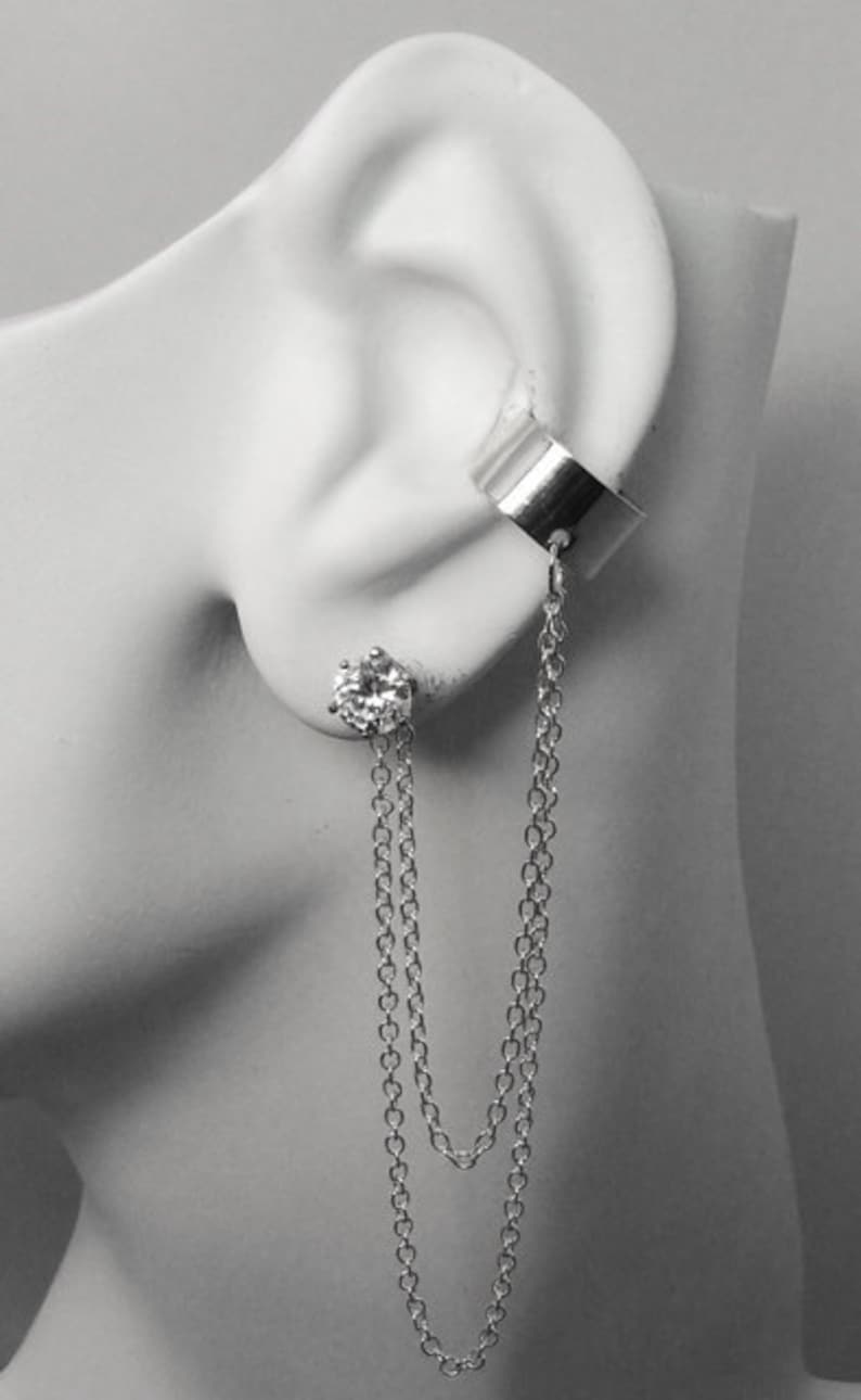 No Piercing Cuff double chain /& 5mm Cubic Zirconia EBJ2CHSS Ear Cuff Silver Ear Band Non-pierced Conch Cartilage Hoop Bajoran Earcuff