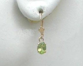 14K Gold Peridot Drop Earrings Oval Natural Gemstone Classic European Wires, Spring Closure, Lavalier Leverback Earrings 14KPER7X5OVLLB