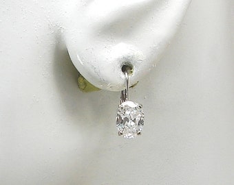 14K Solid White Gold Fixed Cubic Zirconia Oval Drop Basket style Lever Back  European Wires Comfortable Spring Closure Wires 14KWCZ8X6OVLB