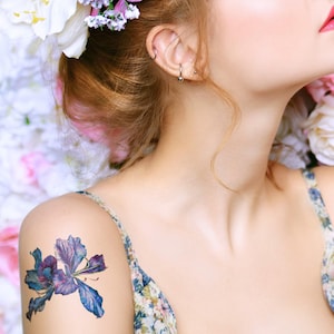 Blauwe ebbenhouten tijdelijke tattoo schouder | 3 x 3 inch | Bloementattoo