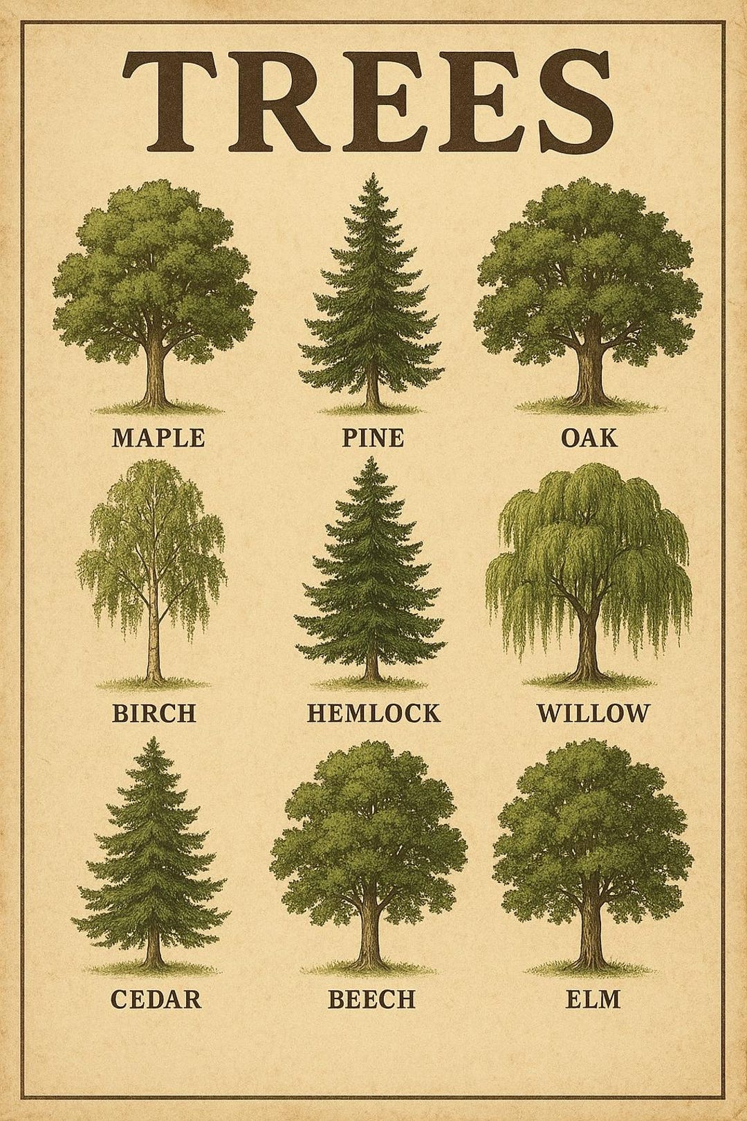 Tree Intital Informational Vintage Tree ID 12x18 Art Poster Digital Download - Etsy