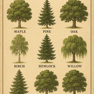 May include: A vintage poster with illustrations of different tree types: maple, pine, oak, birch, hemlock, willow, cedar, beech, and elm. The word "TREES" is displayed at the top.