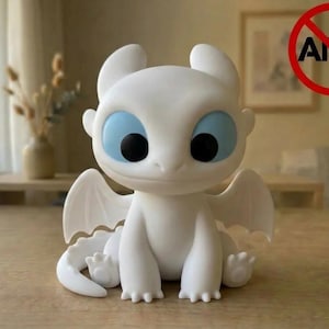 May include: A white dragon figurine with large, light blue eyes and black pupils. The creature has a smooth, matte finish, pointed ears, small wings, and a curled tail. It is depicted in a seated position with its front paws resting forward.