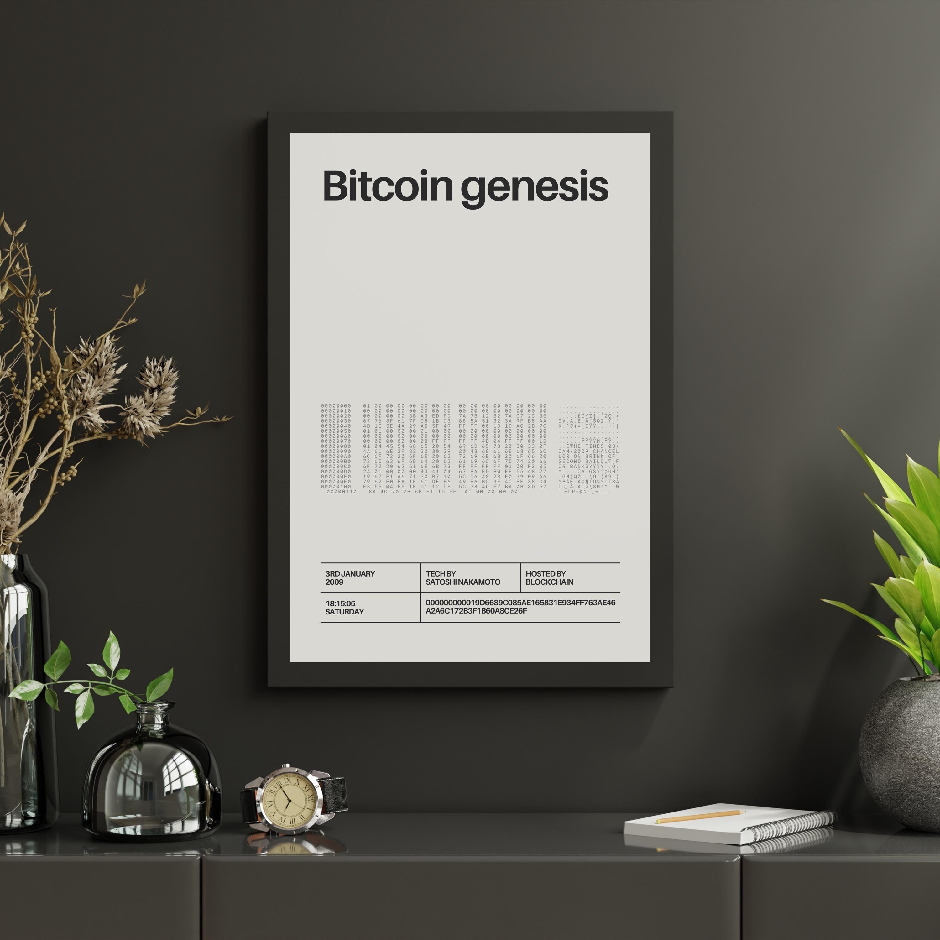 Bitcoin Genesis Poster Home Office Blockchain Developer Crypto History Art  for Decor with Bitcoin for Modern Office Crypto Poster Wall Art