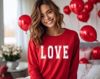 Valentines Day LOVE Sweatshirt Red & White Varsity Style Letters