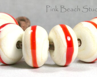 Ivory with Red Stripes Handmade Glass Lampwork Beads (7 Count) SRA (PB143)